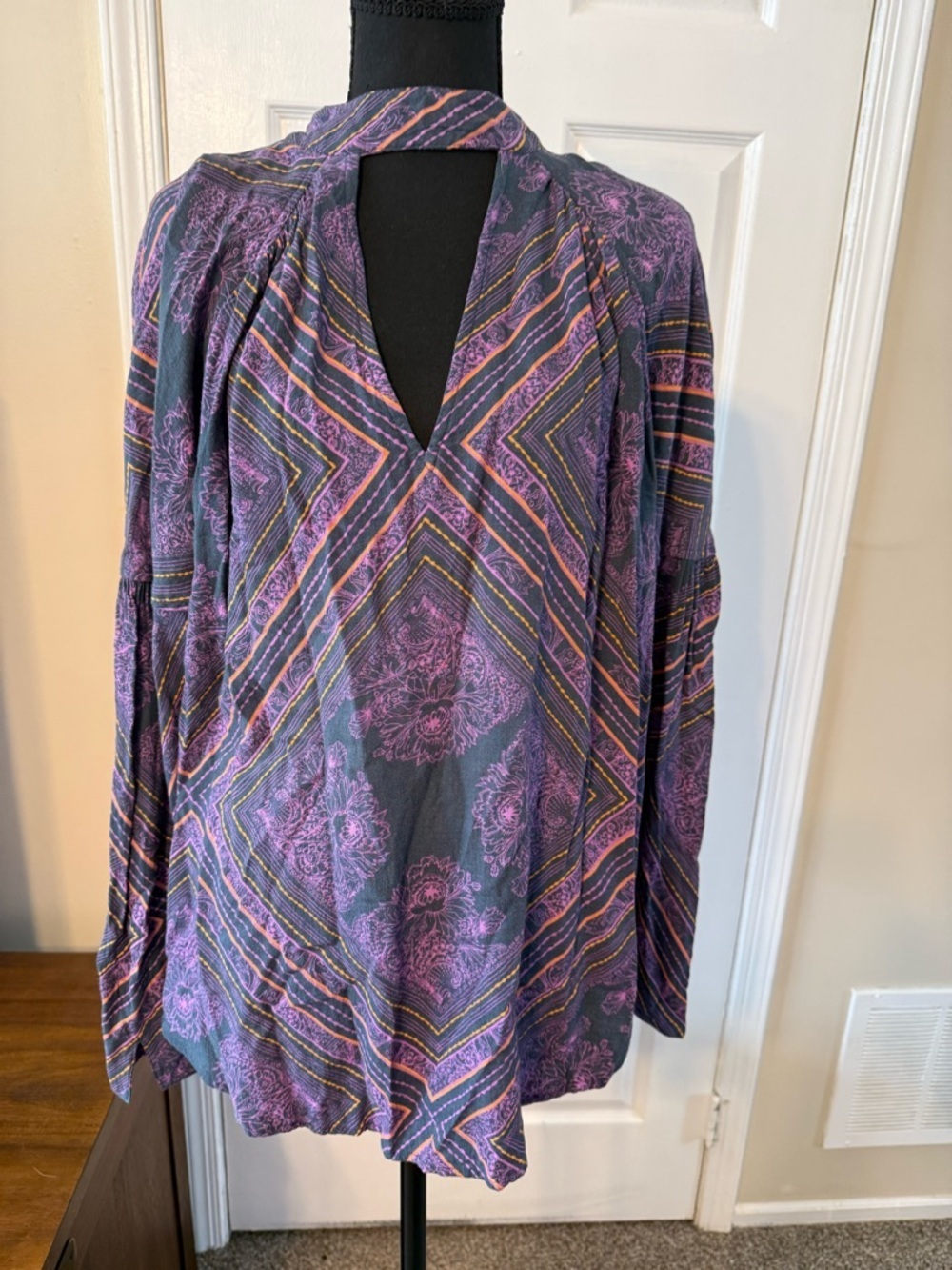 Free People Purple, Gray & Gold Printed V-Neck Tunic